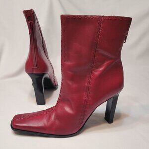 Hillard & Hanson Vintage Red Leather Heeled Boots Square Toe Size 9.5M, EU 40